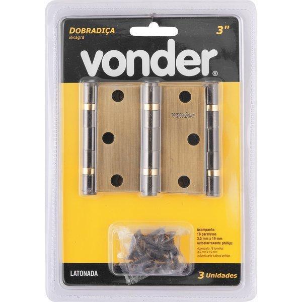 Dobradiça para porta 3" aço carbono latonado com 3 peças - Vonder Imagem de Dobradiça para porta 3" aço carbono latonado com 3 peças - Vonder