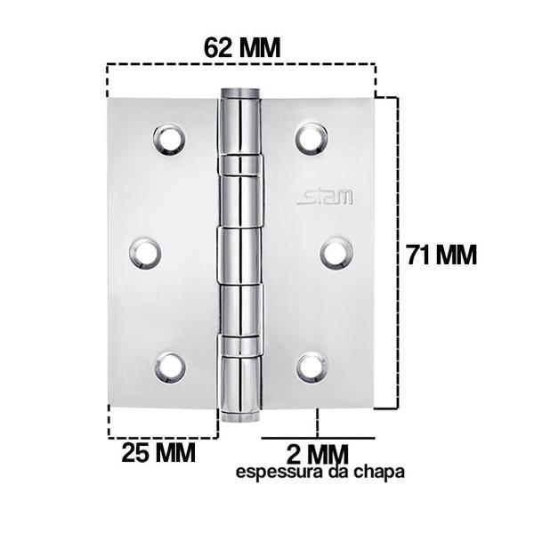 Imagem de Dobradiça Para Porta De Madeira 3 Unidades Inox Polido Stam