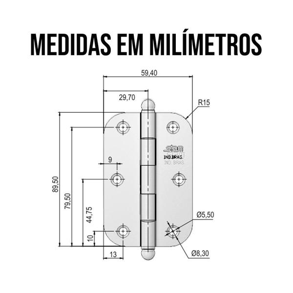 Imagem de Dobradiça Para Porta Madeira Pino Bola Branca Stam 3 Peças