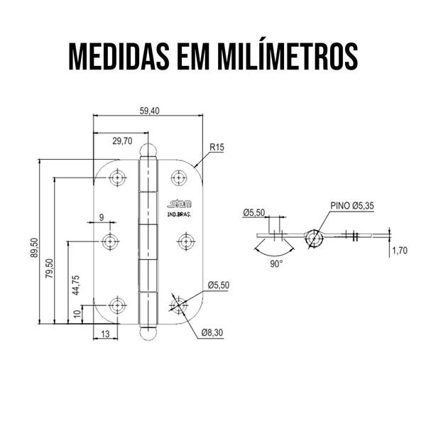 Imagem de Dobradiça Para Porta Madeira Pino Bola Branca Stam 3 Peças