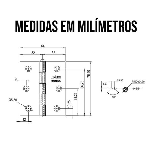 Imagem de Dobradiça Para Porta Madeira Pino Reversível Stam 3 Peças