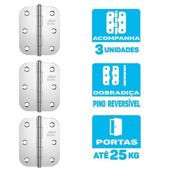 Imagem de Dobradiça Para Porta Madeira Pino Reversível Stam 3 Unidades