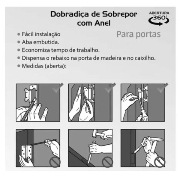 Imagem de Dobradiça Para Porta Sobrepor Sem Rebaixo Aço 3 Unidades