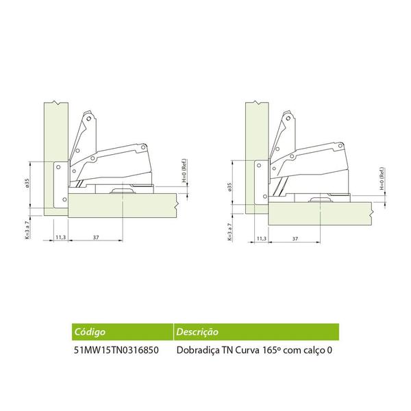 Imagem de Dobradiça TN Móveis em Ângulo 165º Curva com calço H0 Completa FGVTN