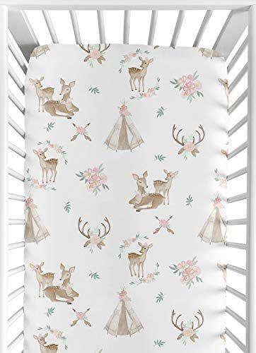 Imagem de Doce Jojo Designs Blush Rosa, Hortelã Verde e Branco Boho Baby ou Toddler Fitted Crib Sheet para Woodland Deer Floral Collection