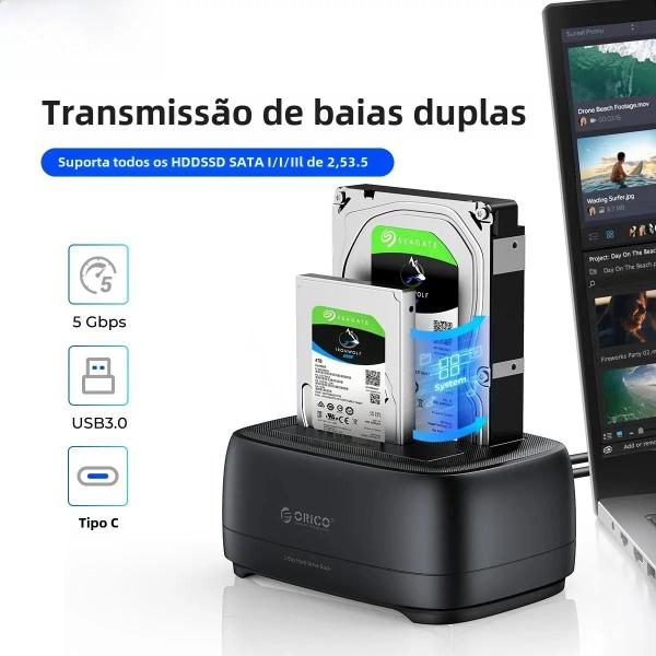 Imagem de Docking Station Dual Bay USB 3.0 Type-C - para HDD e SSD de 2,5" - com Adaptador 12V 3A