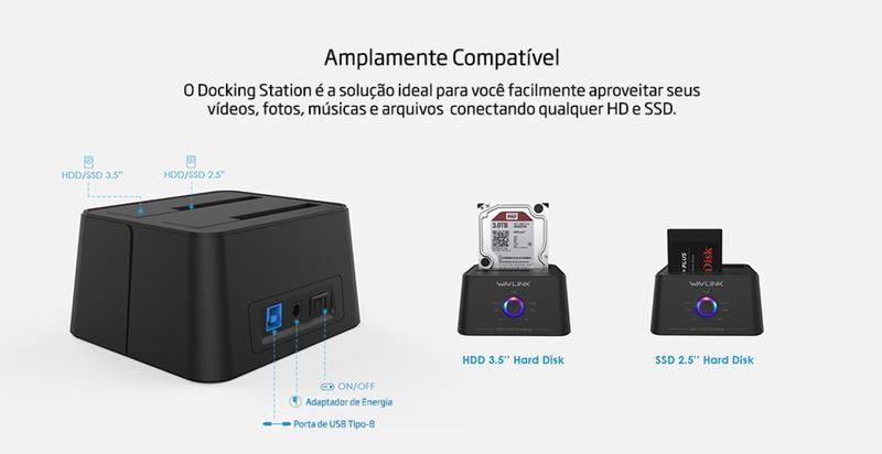 Imagem de Docking Station Duplo 2.5'' & 3.5'', Clona HDD & SSD, USB 3.0 e USB C, WL-ST334UA Wavlink