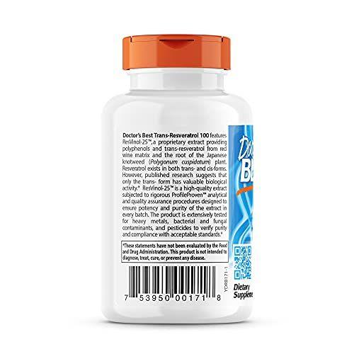 Imagem de Doctor's Best, Trans-Resveratrol com Resvinol, Não-OGM, Vegano, Sem Glúten, Sem Soja, 100 mg, 60 Veggie Caps (DRB-00171)