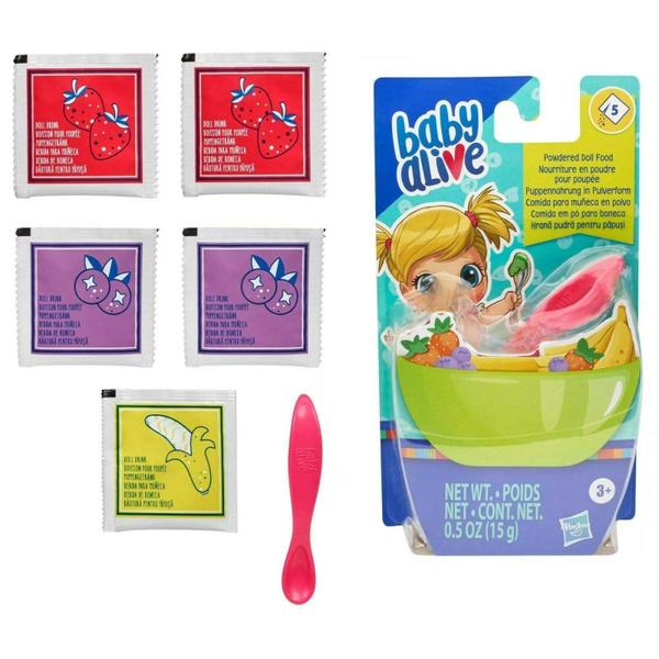 Imagem de Doll Food Refill Baby Alive com 5 pacotes e colher para crianças a partir de 3 anos