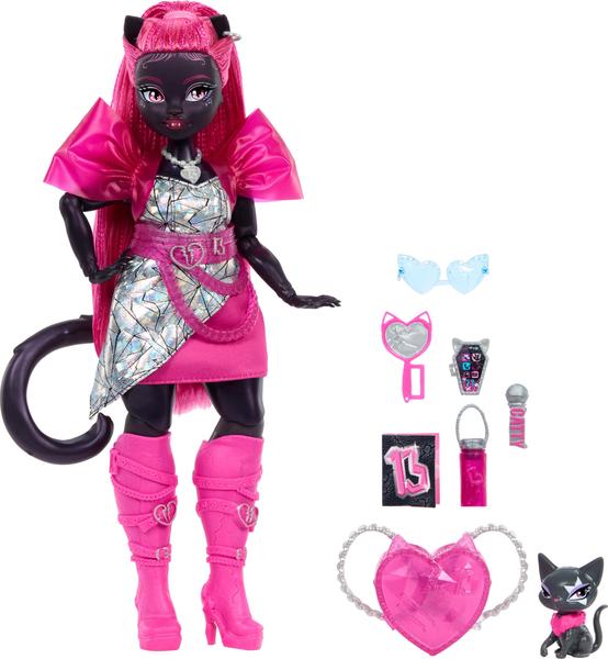 Imagem de Doll Monster High Catty Noir Werecat com gato de estimação e acesso.