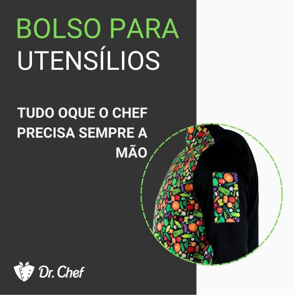 Dólmã Chef Cozinha Preto Legumes Saudáveis Unissex - Dr Chef - DR.CHEF Imagem de Dólmã Chef Cozinha Preto Legumes Saudáveis Unissex - Dr Chef
