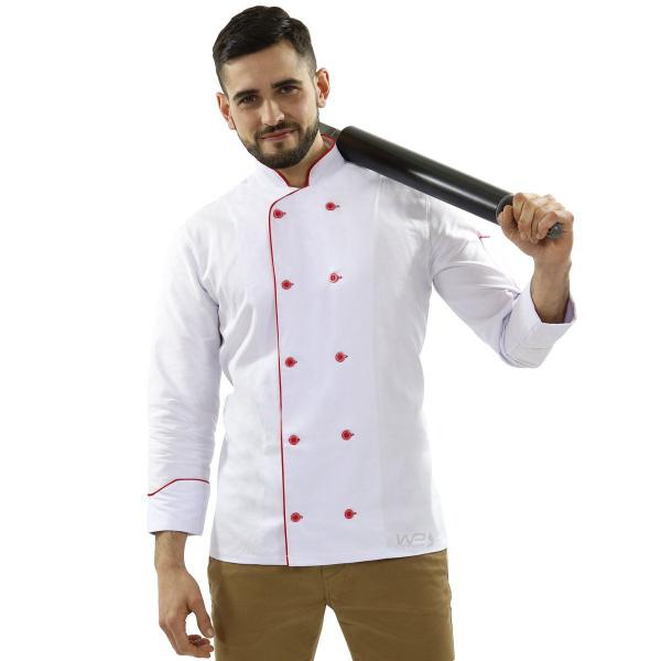 Imagem de Dólmã Chef de Cozinha Branco Detalhes Vermelho 100% Algodão