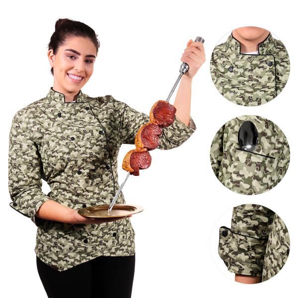 Imagem de Dólmã Chef de Cozinha Feminino Estampa Camuflado Militar - Wp