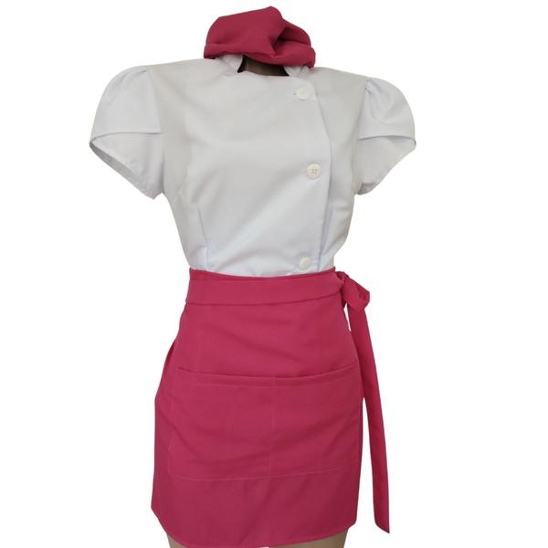 Imagem de Dólmã Chef Feminino Branco com Avental de Cintura e Faixa de Cabelo Pink Botões Frontais Elegante