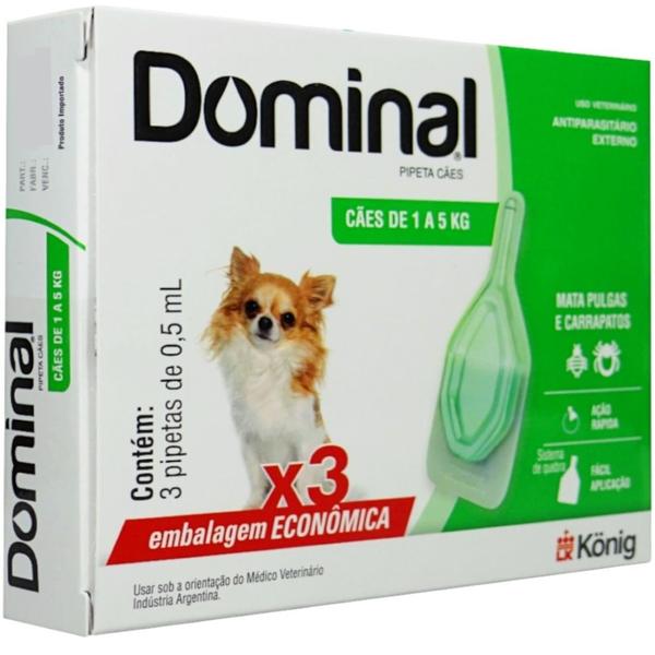 Imagem de Dominal pipeta para cães 1 a 5kg 0,5ml verde 3 unid. kit com 10 cxs prevenção de pulgas e carrapatos