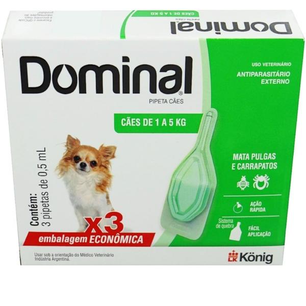 Imagem de Dominal pipeta para cães 1 a 5kg 0,5ml verde 3 unid. kit com 2 cxs prevenção de pulgas e carrapatos