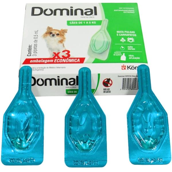 Imagem de Dominal pipeta para cães 1 a 5kg 0,5ml verde 3 unid. kit com 4 cxs prevenção de pulgas e carrapatos