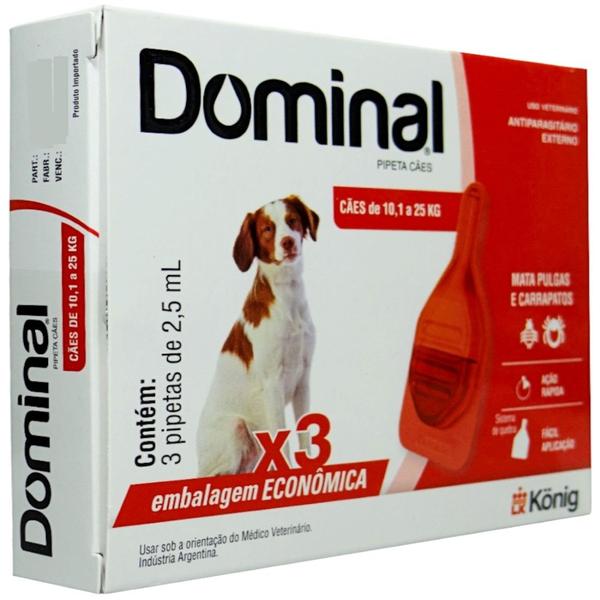 Imagem de Dominal pipeta para cães 10,1 a 25kg 2,5ml vermelho 3 unid. kit com 10 cxs prevenção de pulgas e carrapatos