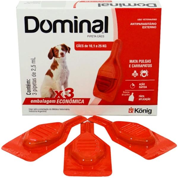 Imagem de Dominal pipeta para cães 10,1 a 25kg 2,5ml vermelho 3 unid. kit com 2 cxs prevenção de pulgas e carrapatos