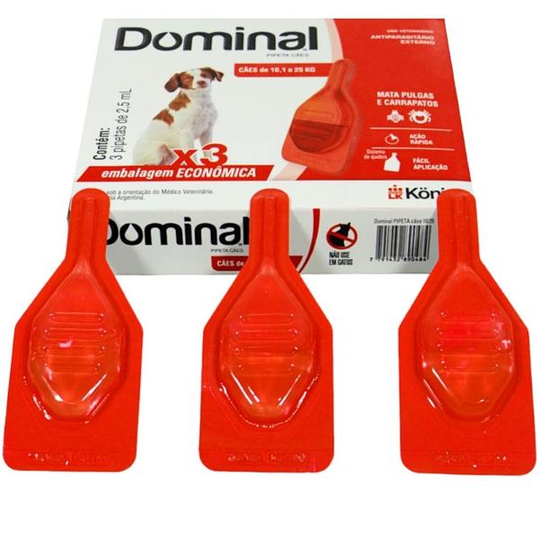 Imagem de Dominal pipeta para cães 10,1 a 25kg 2,5ml vermelho 3 unid. kit com 20 cxs prevenção de pulgas e carrapatos