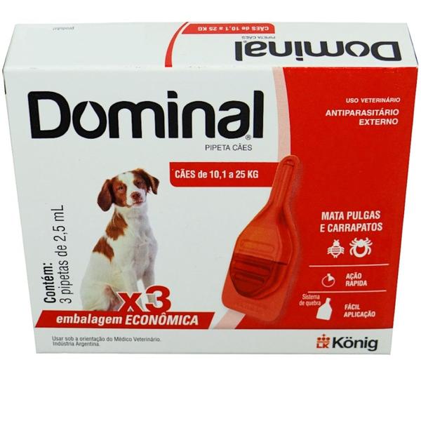 Imagem de Dominal pipeta para cães 10,1 a 25kg 2,5ml vermelho 3 unid. kit com 3 cxs prevenção de pulgas e carrapatos