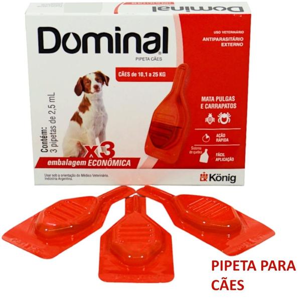 Imagem de Dominal pipeta para cães 10,1 a 25kg 2,5ml vermelho 3 unid. kit com 4 cxs prevenção de pulgas e carrapatos