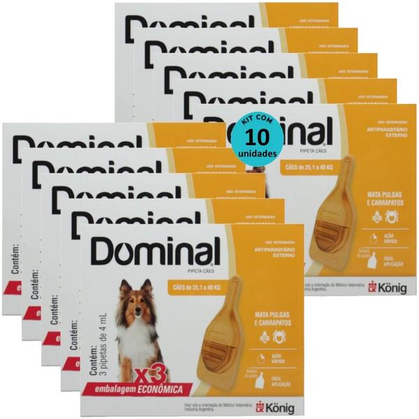 Imagem de Dominal pipeta para cães 25,1 a 40kg 4ml laranja 3 unid. kit com 10 cxs prevenção de pulgas e carrapatos