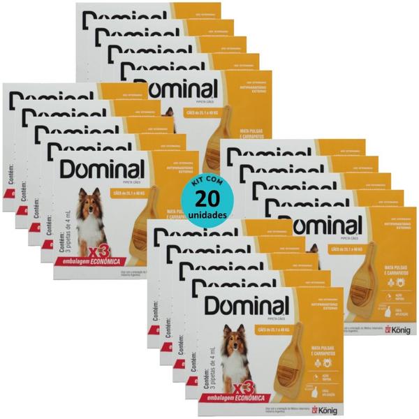 Imagem de Dominal pipeta para cães 25,1 a 40kg 4ml laranja 3 unid. kit com 20 cxs prevenção de pulgas e carrapatos