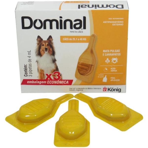 Imagem de Dominal pipeta para cães 25,1 a 40kg 4ml laranja 3 unid. kit com 3 cxs prevenção de pulgas e carrapatos