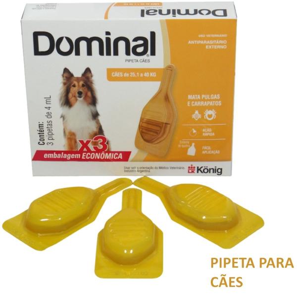 Imagem de Dominal pipeta para cães 25,1 a 40kg 4ml laranja 3 unid. kit com 6 cxs prevenção de pulgas e carrapatos