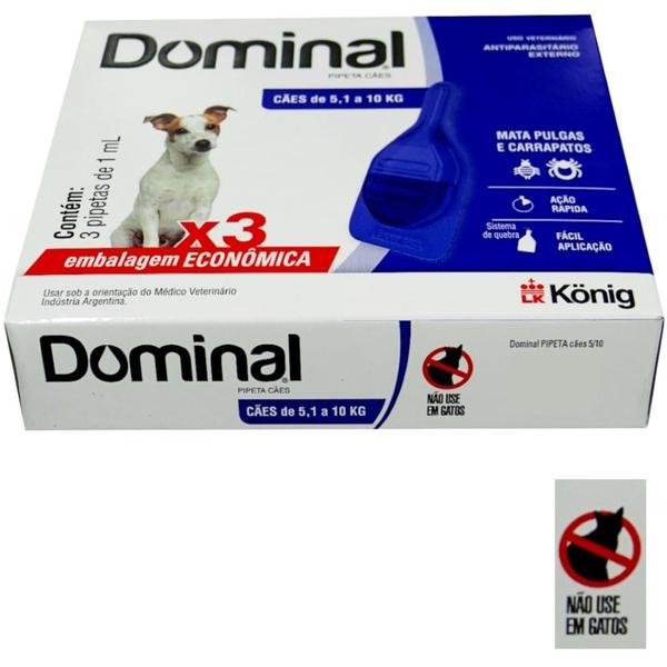 Imagem de Dominal pipeta para cães 5,1 a 10kg 1ml azul 3 unid. kit com 20 cxs prevenção de pulgas e carrapatos