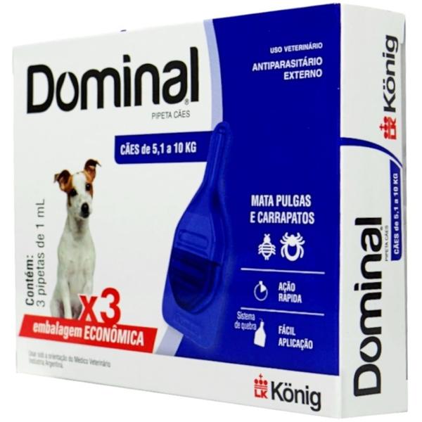 Imagem de Dominal pipeta para cães 5,1 a 10kg 1ml azul 3 unid. kit com 20 cxs prevenção de pulgas e carrapatos