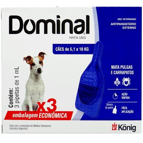 Imagem de Dominal pipeta para cães 5,1 a 10kg 1ml azul 3 unid. kit com 20 cxs prevenção de pulgas e carrapatos