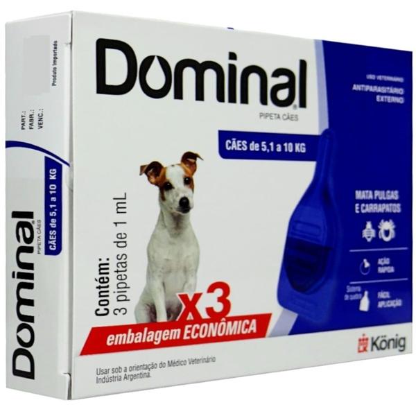 Imagem de Dominal pipeta para cães 5,1 a 10kg 1ml azul 3 unid. kit com 3 cxs prevenção de pulgas e carrapatos