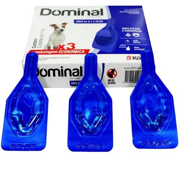 Imagem de Dominal pipeta para cães 5,1 a 10kg 1ml azul 3 unid. kit com 3 cxs prevenção de pulgas e carrapatos