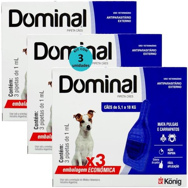 Imagem de Dominal pipeta para cães 5,1 a 10kg 1ml azul 3 unid. kit com 3 cxs prevenção de pulgas e carrapatos