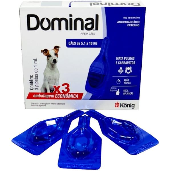 Imagem de Dominal pipeta para cães 5,1 a 10kg 1ml azul com 3 unidades prevenção de pulgas e carrapatos