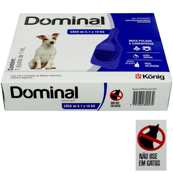 Imagem de Dominal pipeta para cães 5,1 a 10kg 1ml azul kit com 2 prevenção pulgas e carrapatos