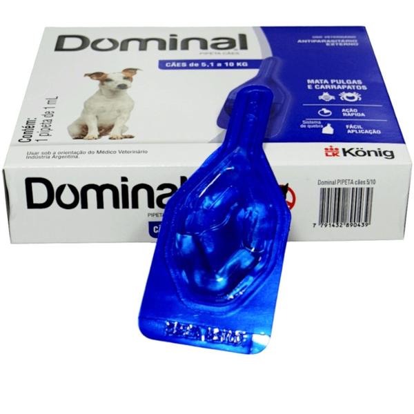 Imagem de Dominal pipeta para cães 5,1 a 10kg 1ml azul kit com 6 prevenção pulgas e carrapatos