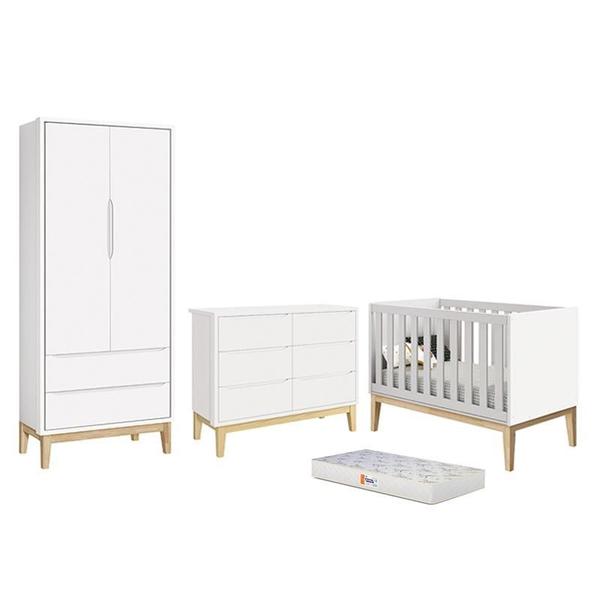 Imagem de Dormitório Completo Infantil Classic 2 Portas, Cômoda 6 Gavetas, Berço Branco Fosco com Pés Madeira