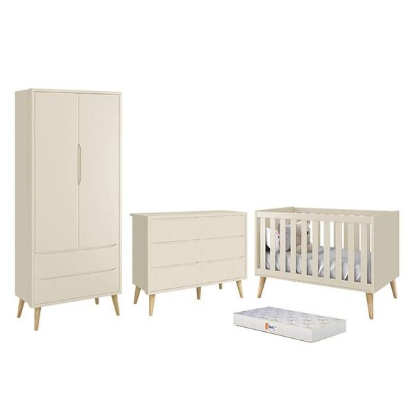 Imagem de Dormitório Completo Infantil Theo 2 Portas, Cômoda 6 Gavetas, Berço com Pés Madeira Naturale Colchão D18 - Reller Móveis