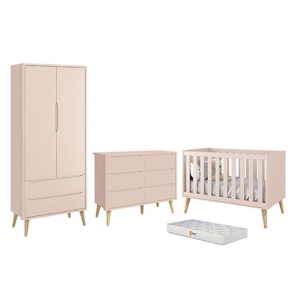 Dormitório Completo Infantil Theo 2 Portas, Cômoda 6 Gavetas, Berço Rosa Fosco com Pés Madeira Naturale Colchão D18 - Reller Móveis Imagem de Dormitório Completo Infantil Theo 2 Portas, Cômoda 6 Gavetas, Berço Rosa Fosco com Pés Madeira Naturale Colchão D18 - Reller Móveis