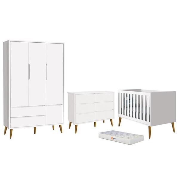 Imagem de Dormitório Completo Infantil Theo 3 Portas, Cômoda 6 Gavetas, Berço Branco Fosco com Pés Amadeirado e Colchão D18 - Reller Móveis