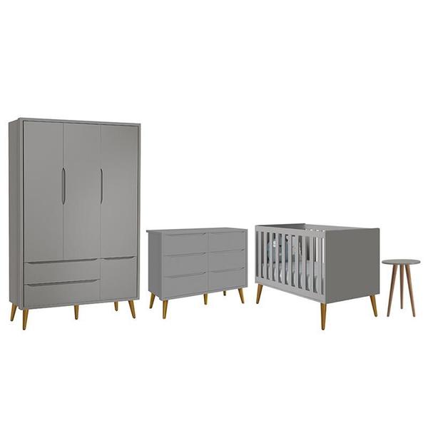 Dormitório Completo Infantil Theo 3 Portas, Cômoda 6 Gavetas, Berço e Mesa de Canto Cinza Fosco com Pés Amadeirado - Reller Móveis Imagem de Dormitório Completo Infantil Theo 3 Portas, Cômoda 6 Gavetas, Berço e Mesa de Canto Cinza Fosco com Pés Amadeirado - Reller Móveis