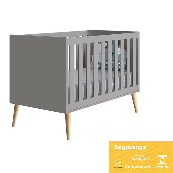 Imagem de Dormitório Completo Infantil Theo 3 Portas, Cômoda 6 Gavetas e Berço Cinza Fosco com Pés Madeira Natural - Reller Móveis