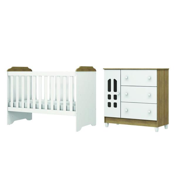 Imagem de Dormitório Infantil Carolina Baby Berço Americano Mini Cama 3 em 1 e Cômoda Para Quarto Bebê Helena Branco / Madeirado