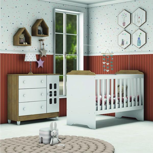 Imagem de Dormitório Infantil Carolina Baby Berço Americano Mini Cama 3 em 1 e Cômoda Para Quarto Bebê Luna Branco / Madeirado