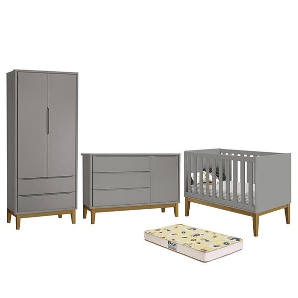 Imagem de Dormitório Infantil Classic 2 Portas, Cômoda 1 Porta, Berço Cinza com Pés Amadeirado e Colchão D18 - Reller Móveis