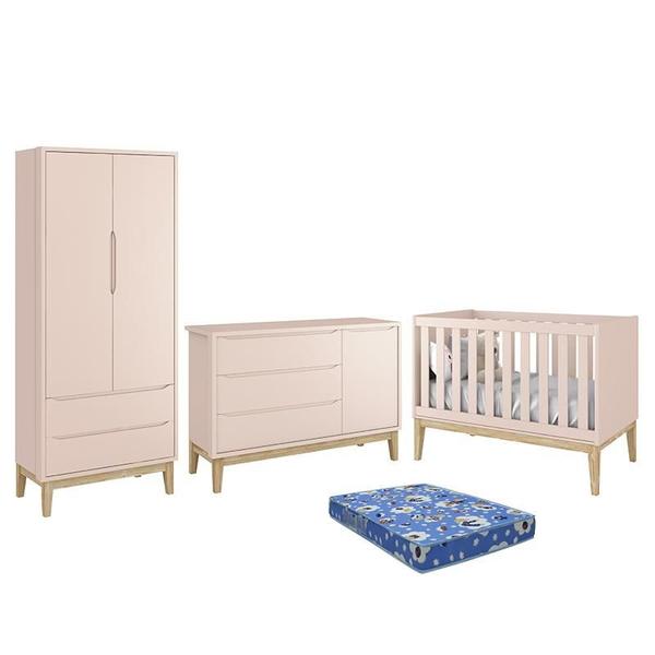 Imagem de Dormitório Infantil Classic 2 Portas, Cômoda 1 Porta, Berço Rosa Fosco com Pés Madeira Natural e Colchão - Reller Móveis