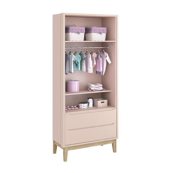 Imagem de Dormitório Infantil Classic 2 Portas, Cômoda 1 Porta, Berço Rosa Fosco com Pés Madeira Natural e Colchão - Reller Móveis